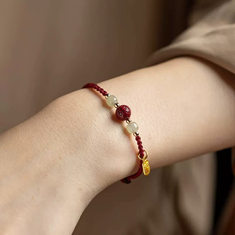 Fortune Jewel Fu Character Hetian Jade Bead Om Mani Padme Hum Cinnabar Red String Prosperity Bracelet - Fortune Jewel