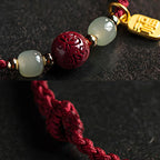 Fortune Jewel Fu Character Hetian Jade Bead Om Mani Padme Hum Cinnabar Red String Prosperity Bracelet - Fortune Jewel