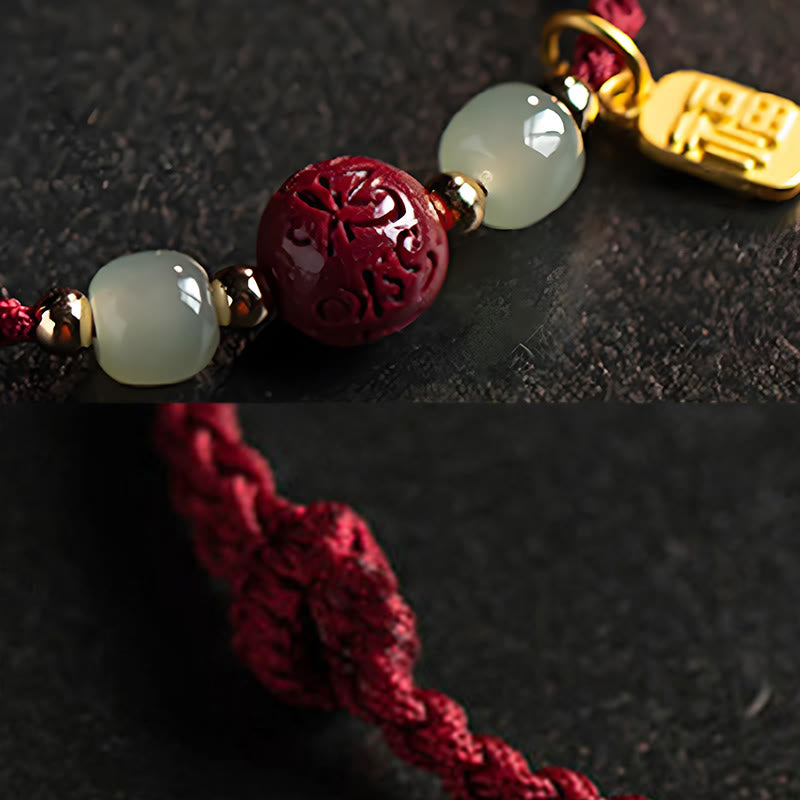 Fortune Jewel Fu Character Hetian Jade Bead Om Mani Padme Hum Cinnabar Red String Prosperity Bracelet - Fortune Jewel