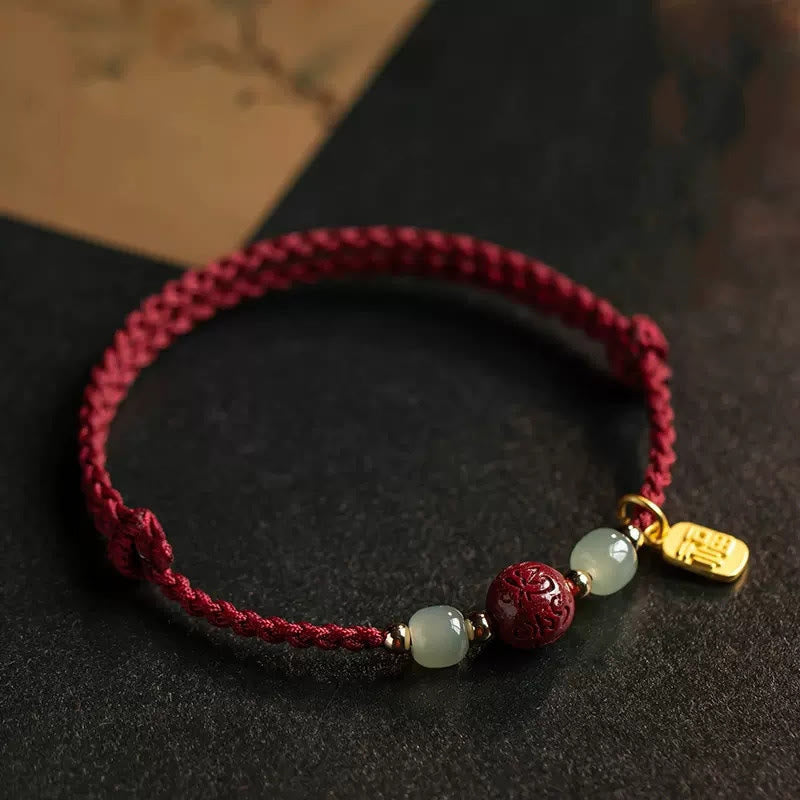 Fortune Jewel Fu Character Hetian Jade Bead Om Mani Padme Hum Cinnabar Red String Prosperity Bracelet - Fortune Jewel