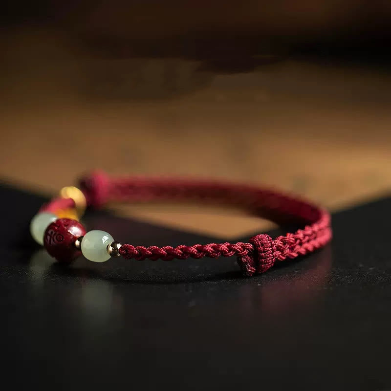 Fortune Jewel Fu Character Hetian Jade Bead Om Mani Padme Hum Cinnabar Red String Prosperity Bracelet - Fortune Jewel