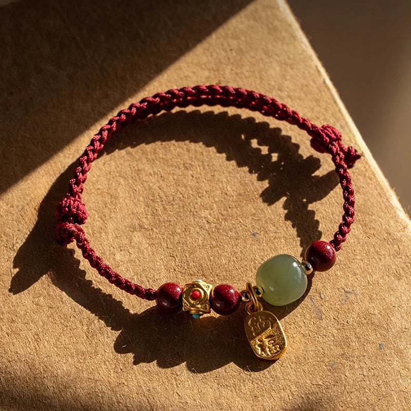 Fortune Jewel Lucky Fortune Charm Hetian Cyan Jade White Jade Multicolored Braided String Prosperity Bracelet - Fortune Jewel