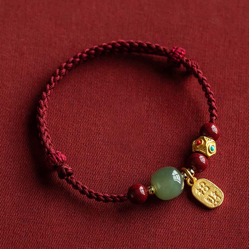 Fortune Jewel Lucky Fortune Charm Hetian Cyan Jade White Jade Multicolored Braided String Prosperity Bracelet - Fortune Jewel