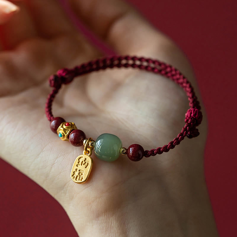 Fortune Jewel Lucky Fortune Charm Hetian Cyan Jade White Jade Multicolored Braided String Prosperity Bracelet - Fortune Jewel