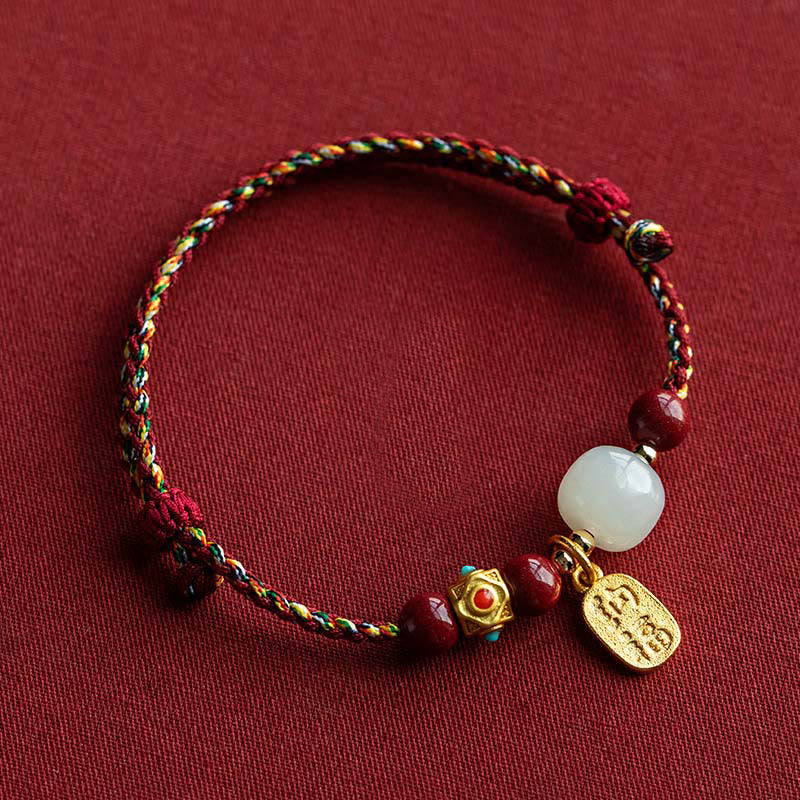 Fortune Jewel Lucky Fortune Charm Hetian Cyan Jade White Jade Multicolored Braided String Prosperity Bracelet - Fortune Jewel