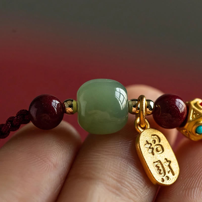 Fortune Jewel Lucky Fortune Charm Hetian Cyan Jade White Jade Multicolored Braided String Prosperity Bracelet - Fortune Jewel