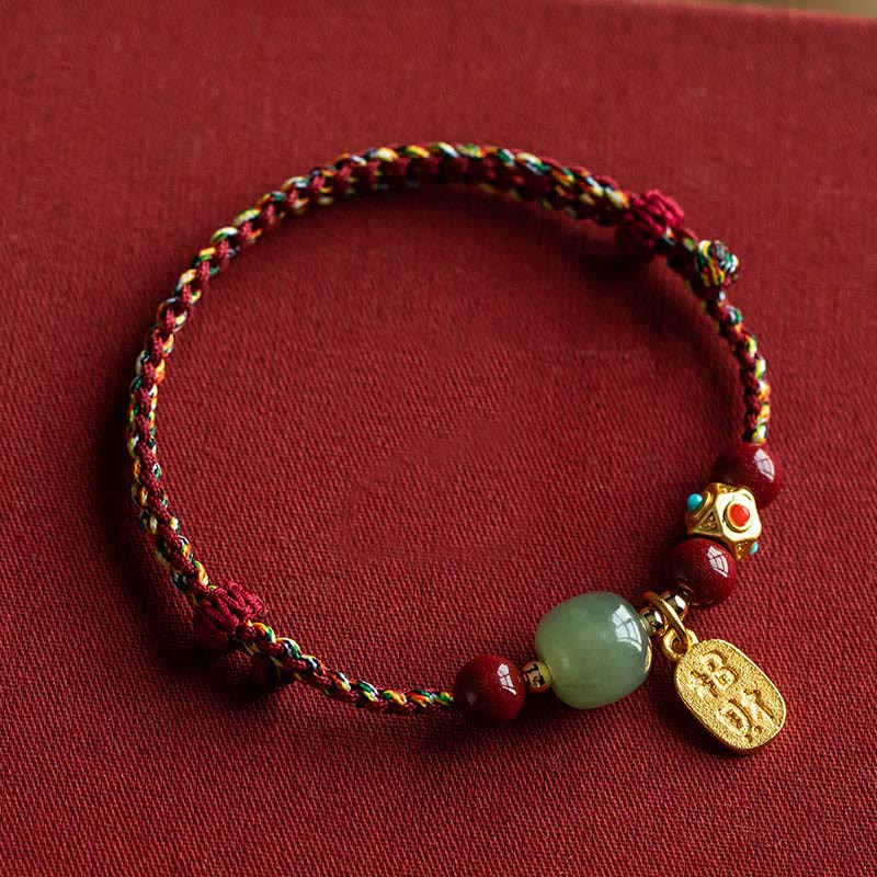 Fortune Jewel Lucky Fortune Charm Hetian Cyan Jade White Jade Multicolored Braided String Prosperity Bracelet - Fortune Jewel