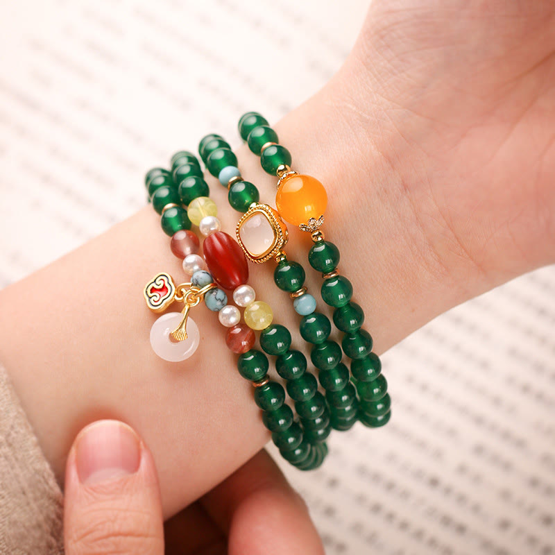 Fortune Jewel Peace Buckle Green Agate Power Support Tibet Mala - Fortune Jewel