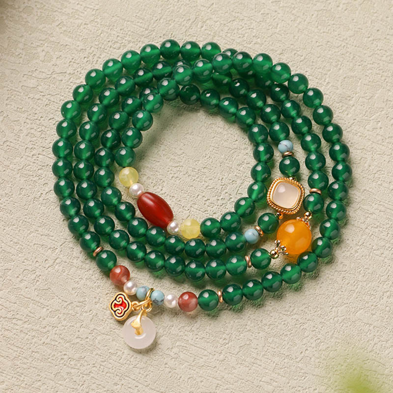Fortune Jewel Peace Buckle Green Agate Power Support Tibet Mala - Fortune Jewel