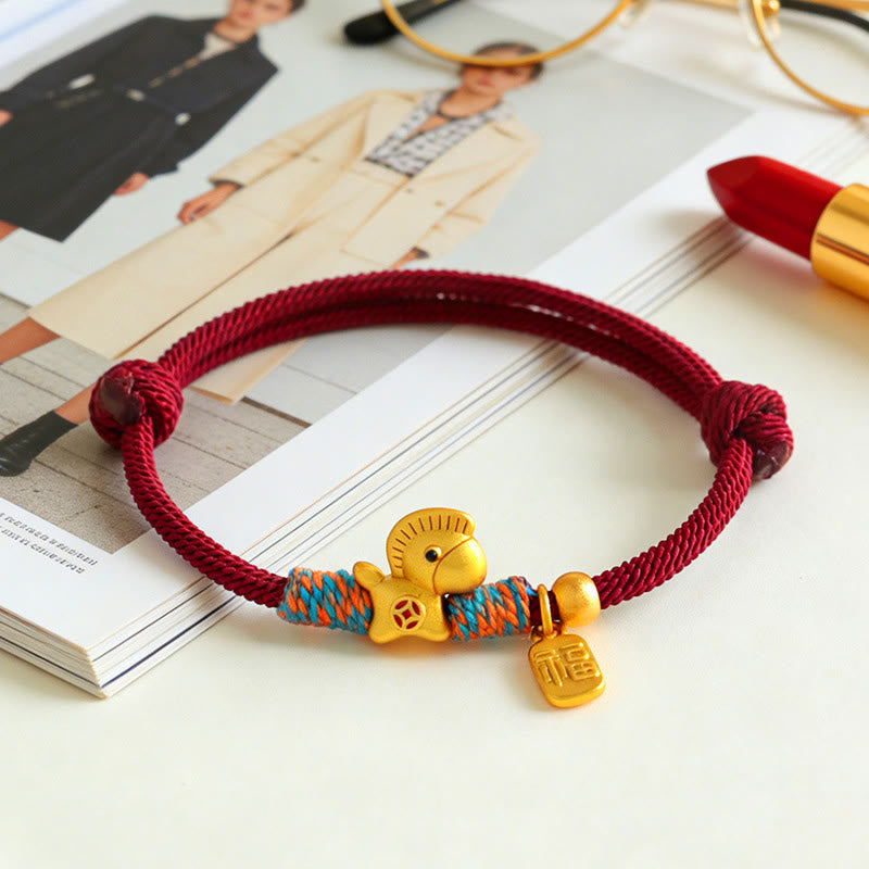 Fortune Jewel 999 Sterling Silver Year of the Horse Fu Character Charm Braided String Faith Bracelet - Fortune Jewel