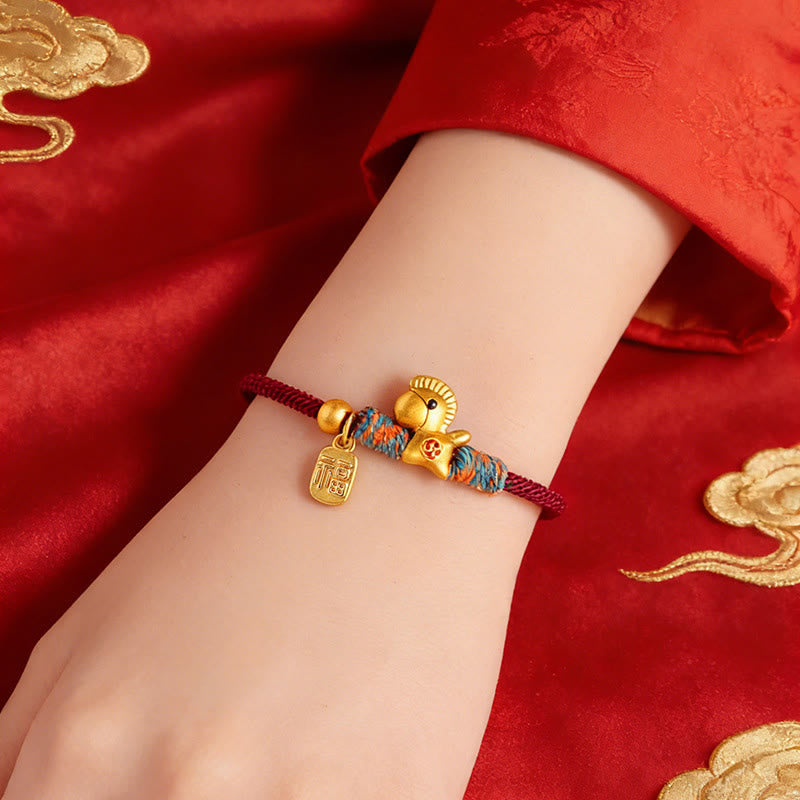 Fortune Jewel 999 Sterling Silver Year of the Horse Fu Character Charm Braided String Faith Bracelet - Fortune Jewel