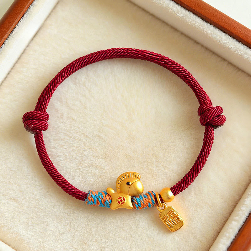 Fortune Jewel 999 Sterling Silver Year of the Horse Fu Character Charm Braided String Faith Bracelet - Fortune Jewel