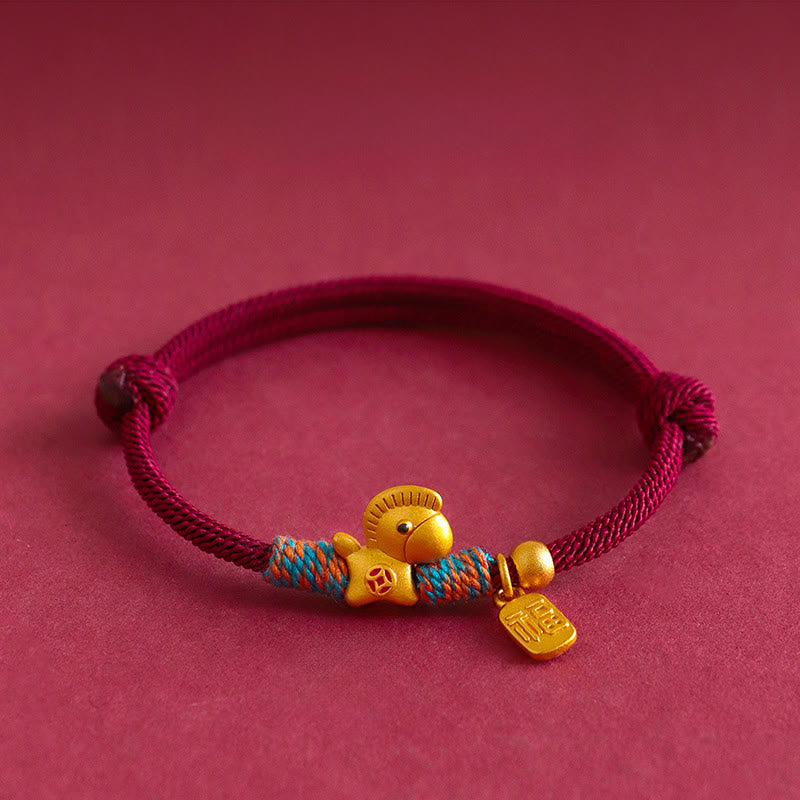 Fortune Jewel 999 Sterling Silver Year of the Horse Fu Character Charm Braided String Faith Bracelet - Fortune Jewel