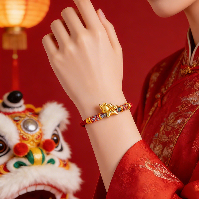 Fortune Jewel Year of the Horse 999 Sterling Silver Plated Gold Braided String Rope Protection Bracelet - Fortune Jewel