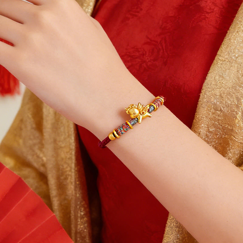 Fortune Jewel Year of the Horse 999 Sterling Silver Plated Gold Braided String Rope Protection Bracelet - Fortune Jewel