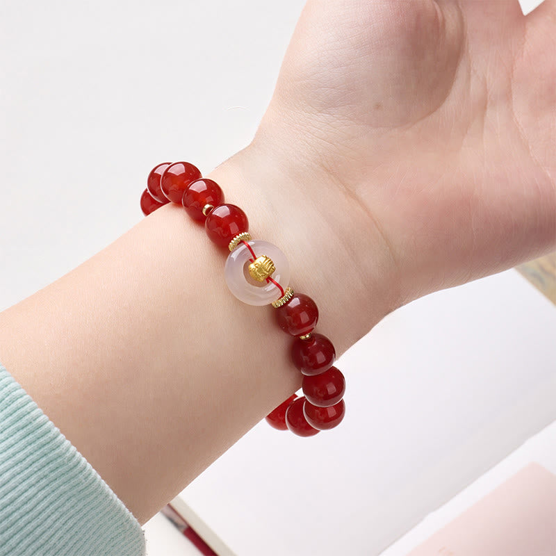Buddha Stones Chinese Zodiac Year Of The Horse Peace Buckle Red Agate White Chalcedony Confidence Bracelet - Fortune Jewel