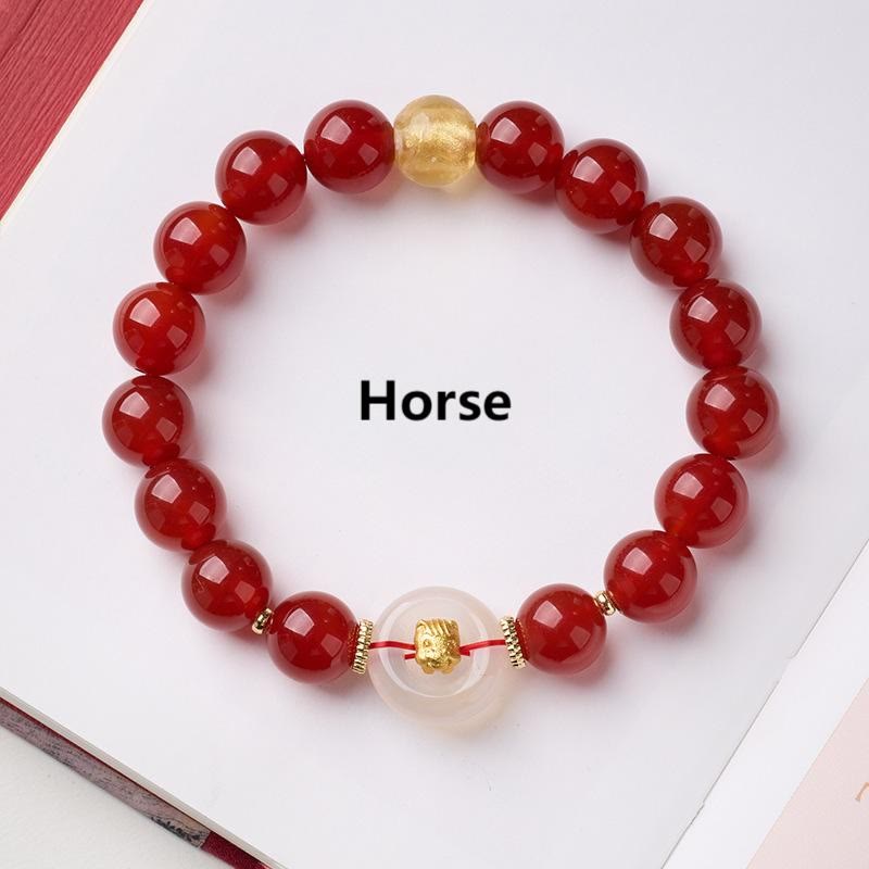 Buddha Stones Chinese Zodiac Year Of The Horse Peace Buckle Red Agate White Chalcedony Confidence Bracelet - Fortune Jewel