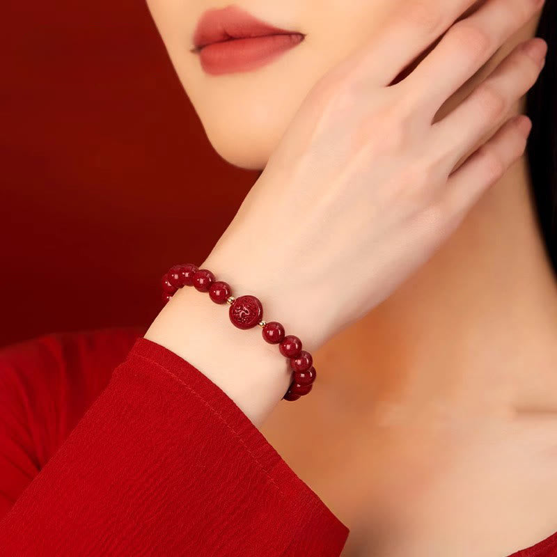 Fortune Jewel Chinese Zodiac Year Of The Horse Carved Cinnabar Peaceful Blessing Bracelet - Fortune Jewel