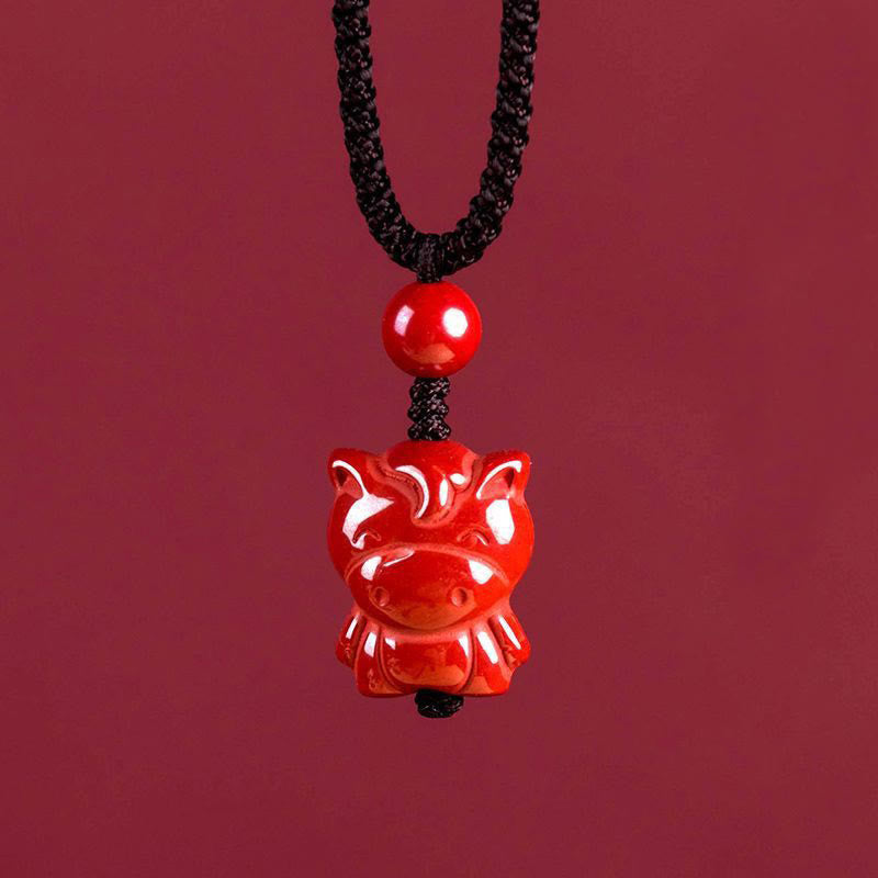 Fortune Jewel Year Of The Horse Chinese Zodiac Engraved Design Cinnabar Blessing Rope Necklace Pendants - Fortune Jewel