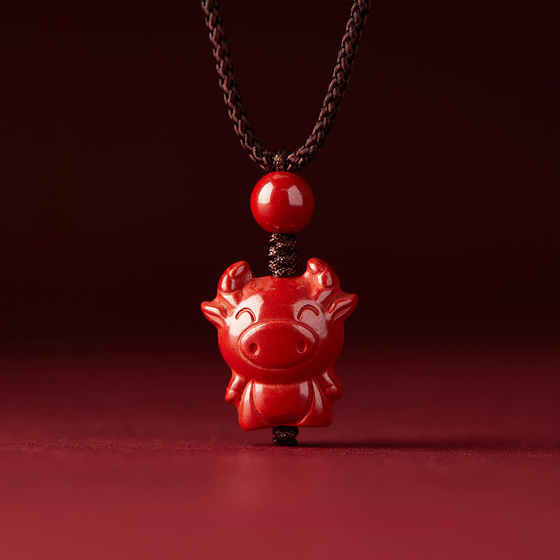 Fortune Jewel Year Of The Horse Chinese Zodiac Engraved Design Cinnabar Blessing Rope Necklace Pendants - Fortune Jewel