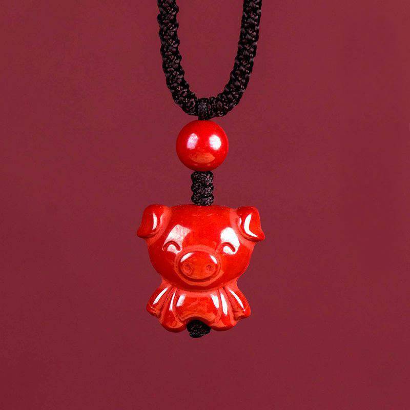 Fortune Jewel Year Of The Horse Chinese Zodiac Engraved Design Cinnabar Blessing Rope Necklace Pendants - Fortune Jewel