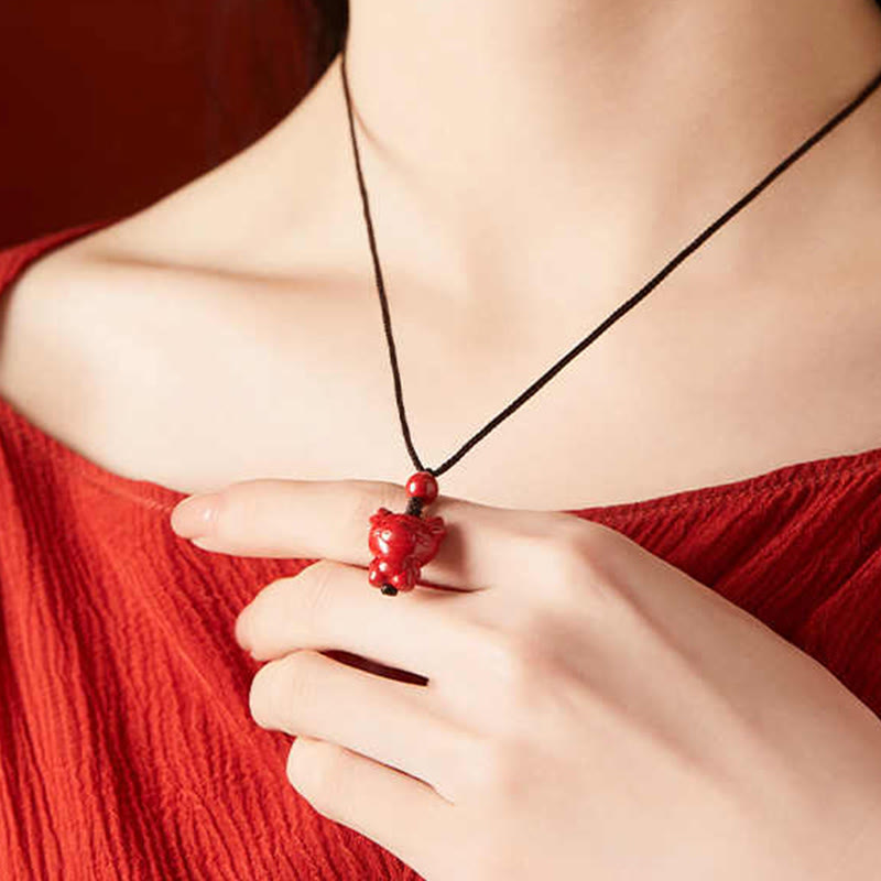 Fortune Jewel Year Of The Horse Chinese Zodiac Engraved Design Cinnabar Blessing Rope Necklace Pendants - Fortune Jewel