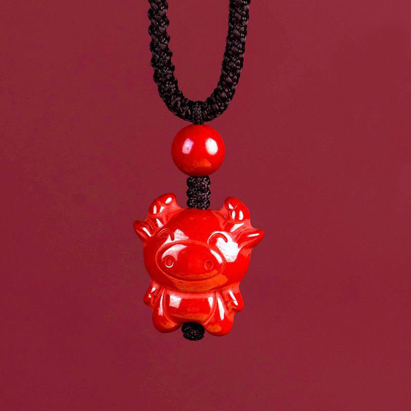 Fortune Jewel Year Of The Horse Chinese Zodiac Engraved Design Cinnabar Blessing Rope Necklace Pendants - Fortune Jewel