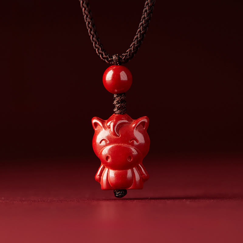 Fortune Jewel Year Of The Horse Chinese Zodiac Engraved Design Cinnabar Blessing Rope Necklace Pendants - Fortune Jewel