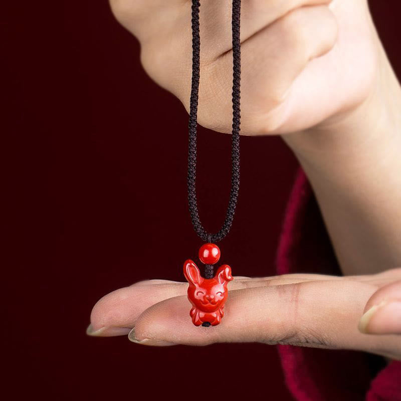 Fortune Jewel Year Of The Horse Chinese Zodiac Engraved Design Cinnabar Blessing Rope Necklace Pendants - Fortune Jewel