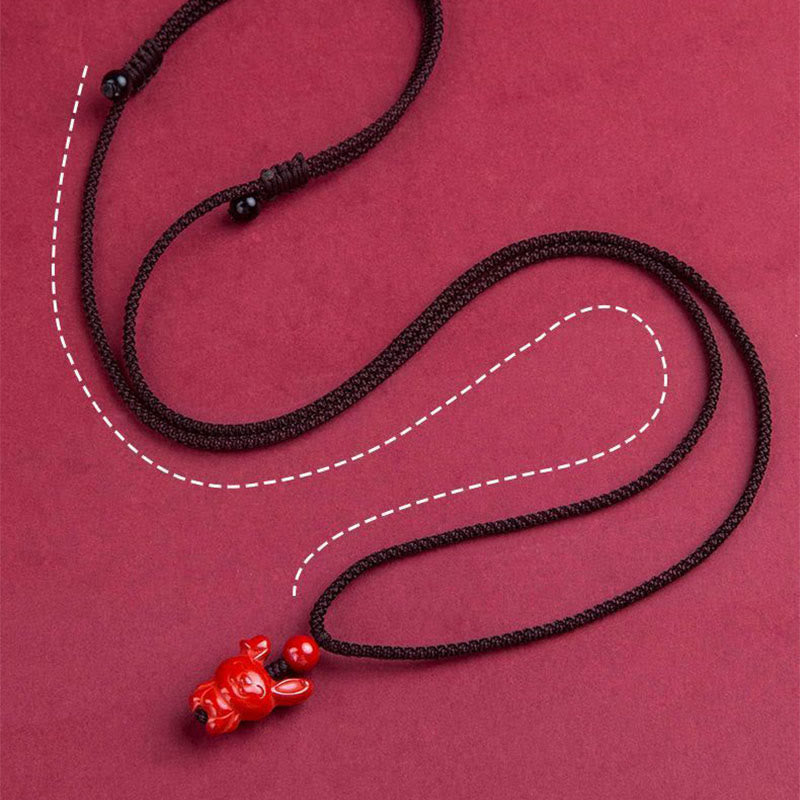 Fortune Jewel Year Of The Horse Chinese Zodiac Engraved Design Cinnabar Blessing Rope Necklace Pendants - Fortune Jewel