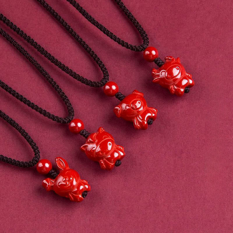 Fortune Jewel Year Of The Horse Chinese Zodiac Engraved Design Cinnabar Blessing Rope Necklace Pendants - Fortune Jewel