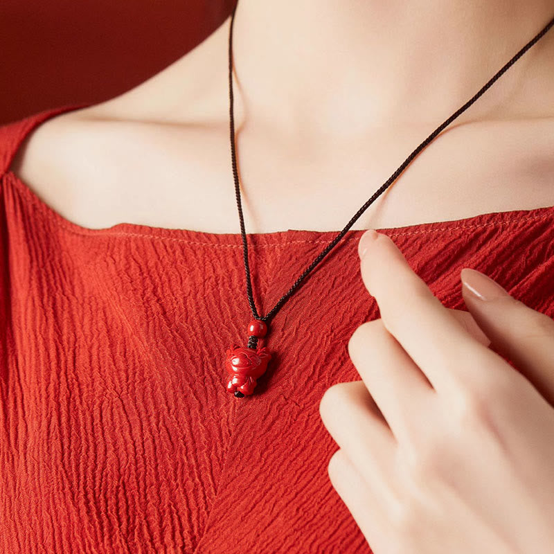 Fortune Jewel Year Of The Horse Chinese Zodiac Engraved Design Cinnabar Blessing Rope Necklace Pendants - Fortune Jewel