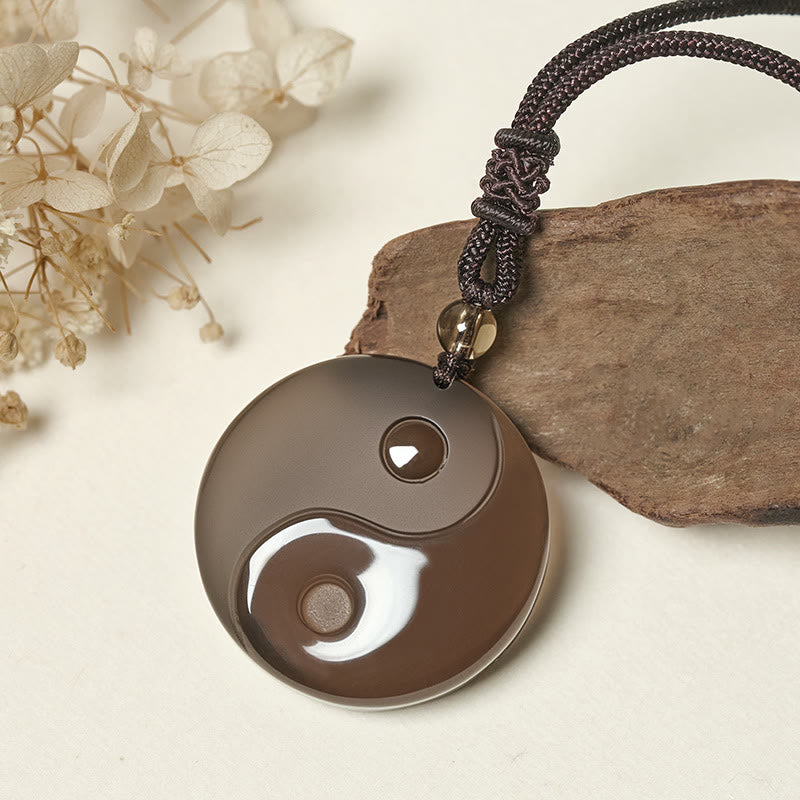 Fortune Jewel Black Obsidian Taoism Five Sacred Mountains Nine-Character Mantra Carved Purification Yin Yang Necklace Pendant