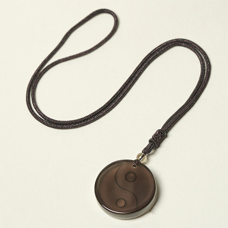 Fortune Jewel Black Obsidian Taoism Five Sacred Mountains Nine-Character Mantra Carved Purification Yin Yang Necklace Pendant