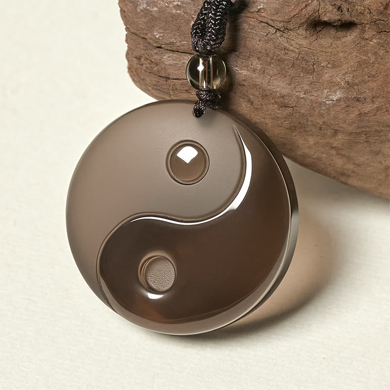 Fortune Jewel Black Obsidian Taoism Five Sacred Mountains Nine-Character Mantra Carved Purification Yin Yang Necklace Pendant