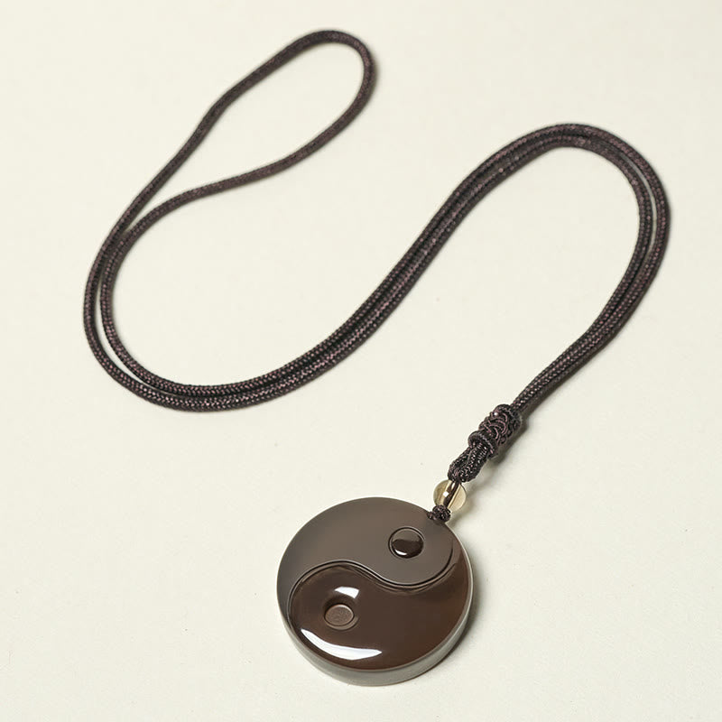 Fortune Jewel Black Obsidian Taoism Five Sacred Mountains Nine-Character Mantra Carved Purification Yin Yang Necklace Pendant