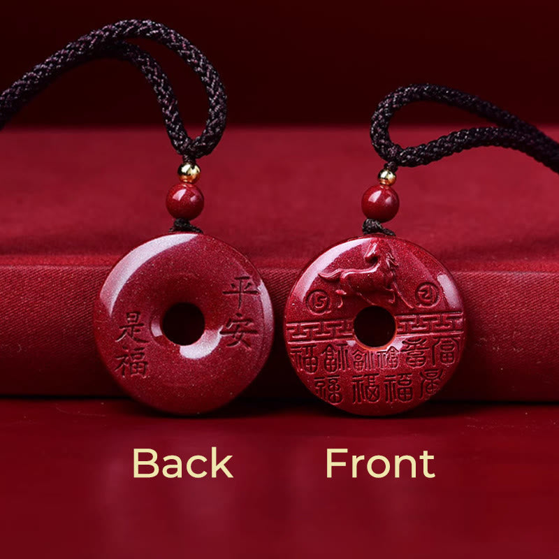 Fortune Jewel Year Of The Horse Carved Fu Character Peace Buckle Design Cinnabar Blessing Auspicious Necklace Pendant - Fortune Jewel