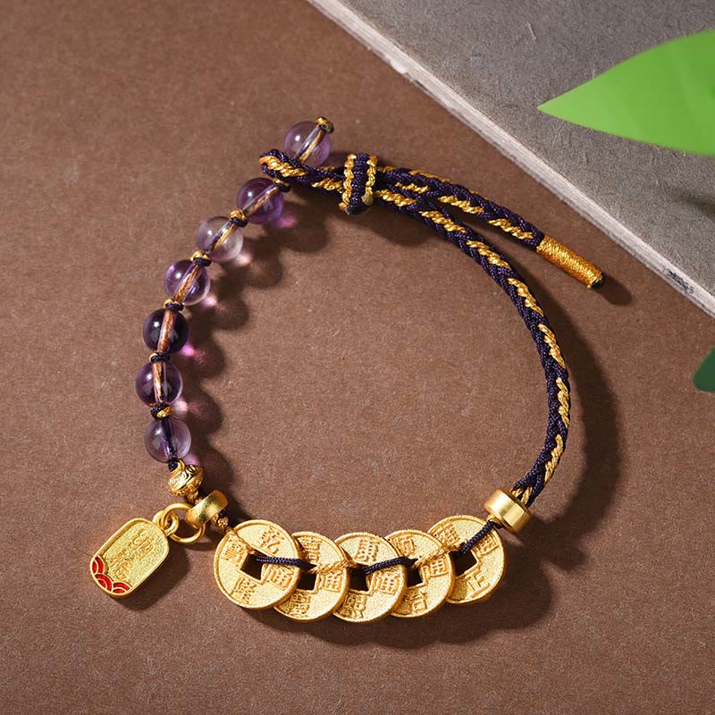 Fortune Jewel Five-Emperor Coins Copper Amethyst Cinnabar Black Red String Balance Attract Fortune Bracelet - Fortune Jewel