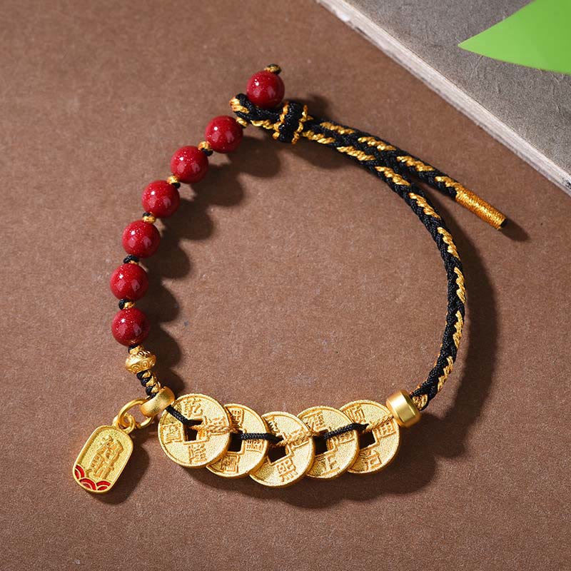 Fortune Jewel Five-Emperor Coins Copper Amethyst Cinnabar Black Red String Balance Attract Fortune Bracelet - Fortune Jewel