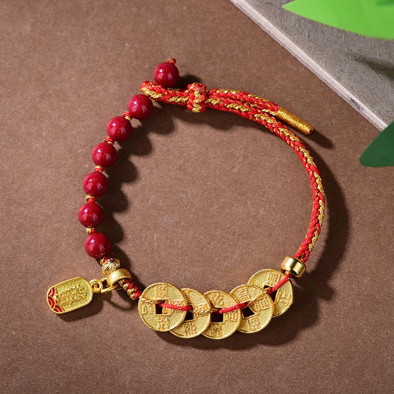 Fortune Jewel Five-Emperor Coins Copper Amethyst Cinnabar Black Red String Balance Attract Fortune Bracelet - Fortune Jewel