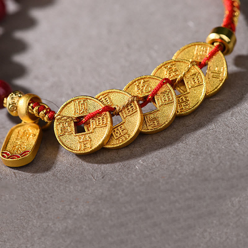 Fortune Jewel Five-Emperor Coins Copper Amethyst Cinnabar Black Red String Balance Attract Fortune Bracelet - Fortune Jewel