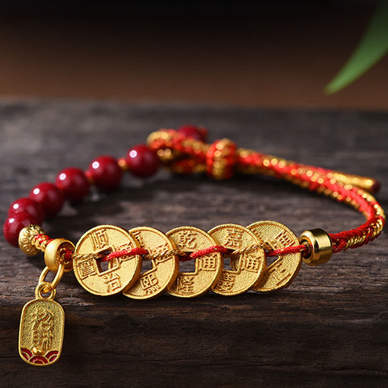 Fortune Jewel Five-Emperor Coins Copper Amethyst Cinnabar Black Red String Balance Attract Fortune Bracelet - Fortune Jewel