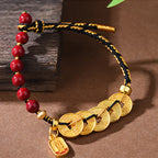 Fortune Jewel Five-Emperor Coins Copper Amethyst Cinnabar Black Red String Balance Attract Fortune Bracelet - Fortune Jewel