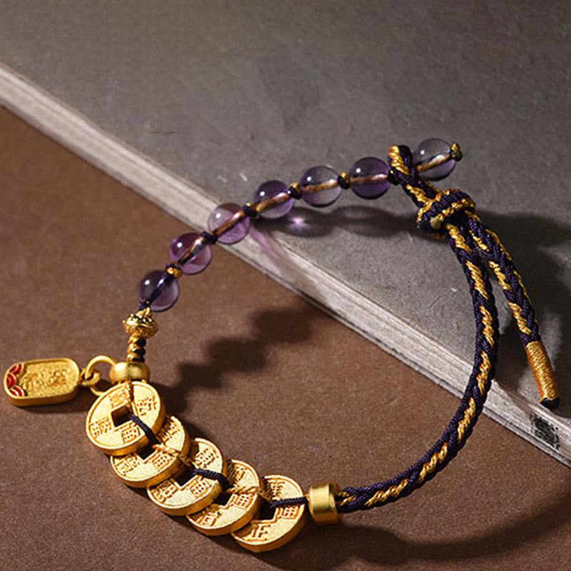 Fortune Jewel Five-Emperor Coins Copper Amethyst Cinnabar Black Red String Balance Attract Fortune Bracelet - Fortune Jewel
