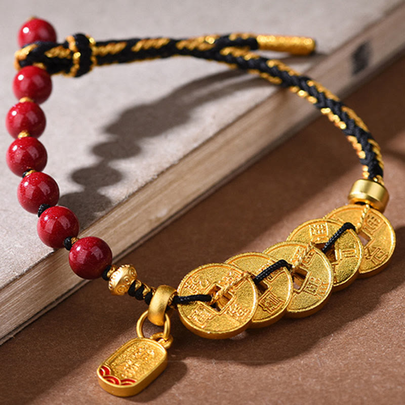 Fortune Jewel Five-Emperor Coins Copper Amethyst Cinnabar Black Red String Balance Attract Fortune Bracelet - Fortune Jewel
