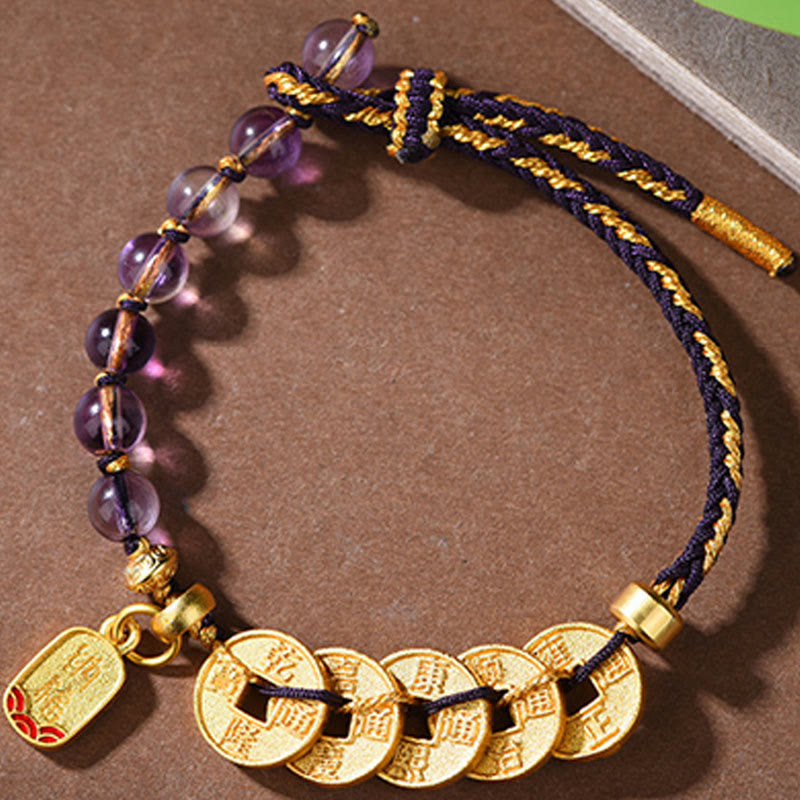 Fortune Jewel Five-Emperor Coins Copper Amethyst Cinnabar Black Red String Balance Attract Fortune Bracelet - Fortune Jewel