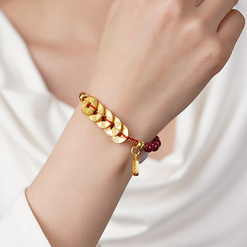 Fortune Jewel Five-Emperor Coins Copper Amethyst Cinnabar Black Red String Balance Attract Fortune Bracelet - Fortune Jewel