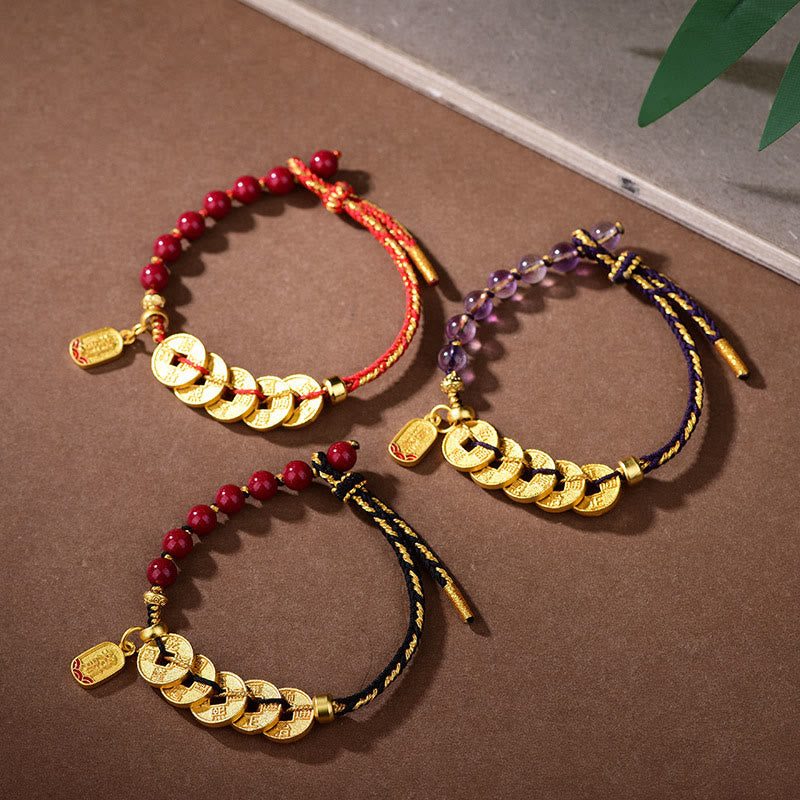 Fortune Jewel Five-Emperor Coins Copper Amethyst Cinnabar Black Red String Balance Attract Fortune Bracelet - Fortune Jewel
