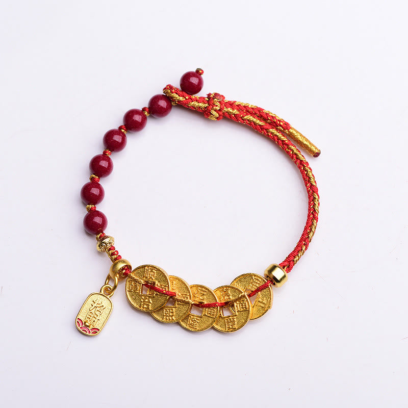 Fortune Jewel Five-Emperor Coins Copper Amethyst Cinnabar Black Red String Balance Attract Fortune Bracelet - Fortune Jewel