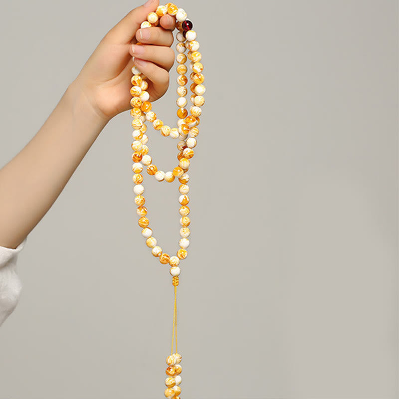 Fortune Jewel Tibetan White Yellow 108 Beads Amber Mala - Fortune Jewel